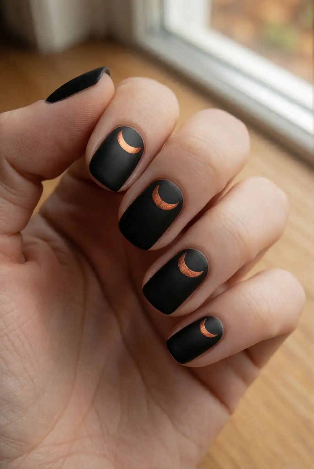 Matte Black And Copper Moon Nails