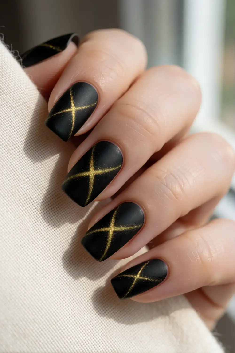 Matte Black and Gold Cat-Eye Nails