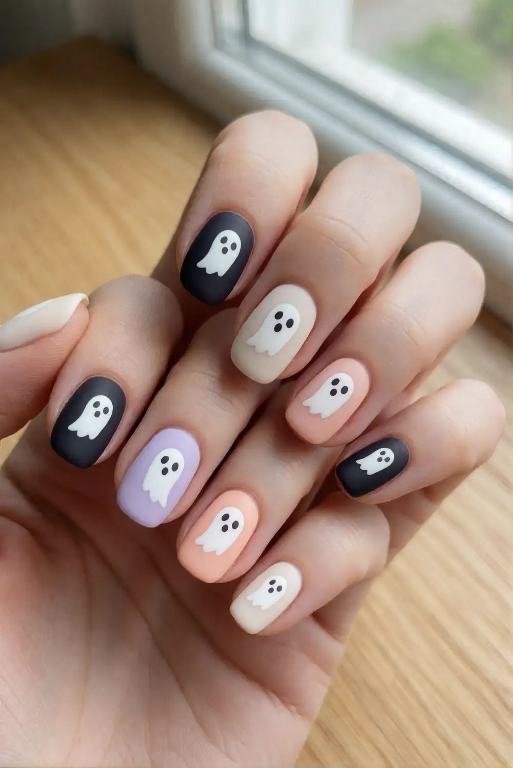 Matte Black and White Ghost Nails