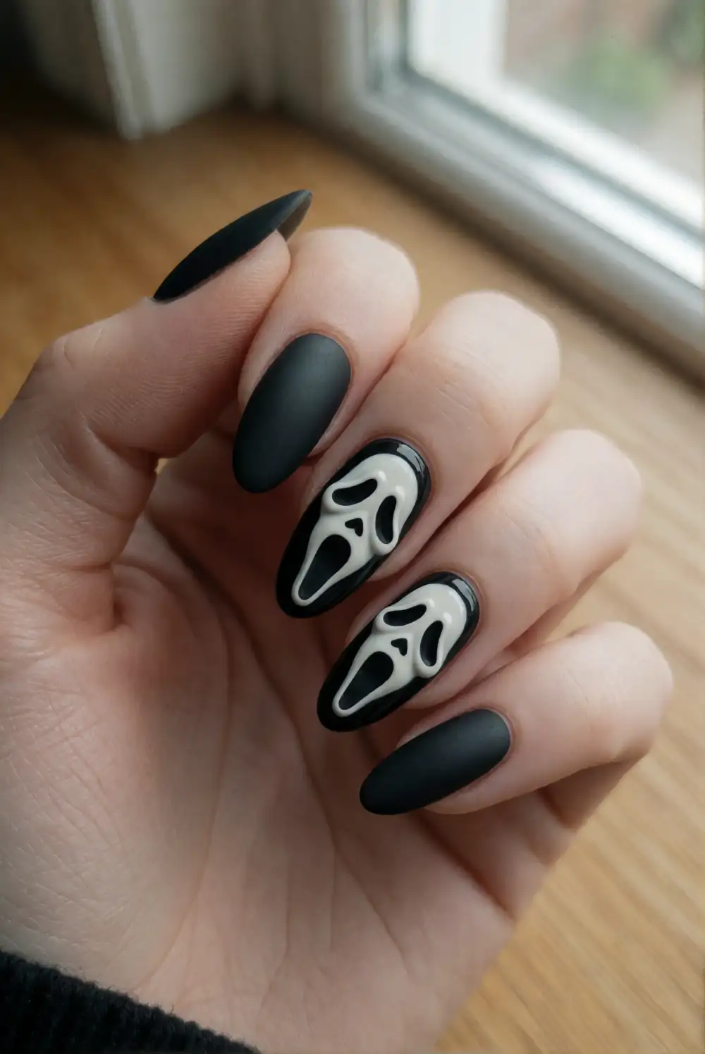 Matte Black Ghost Face Manicure