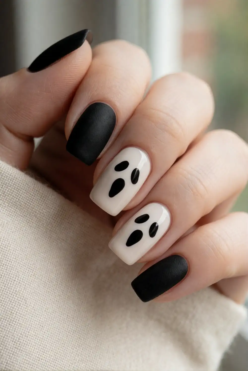 Matte Black Ghost Face Nails