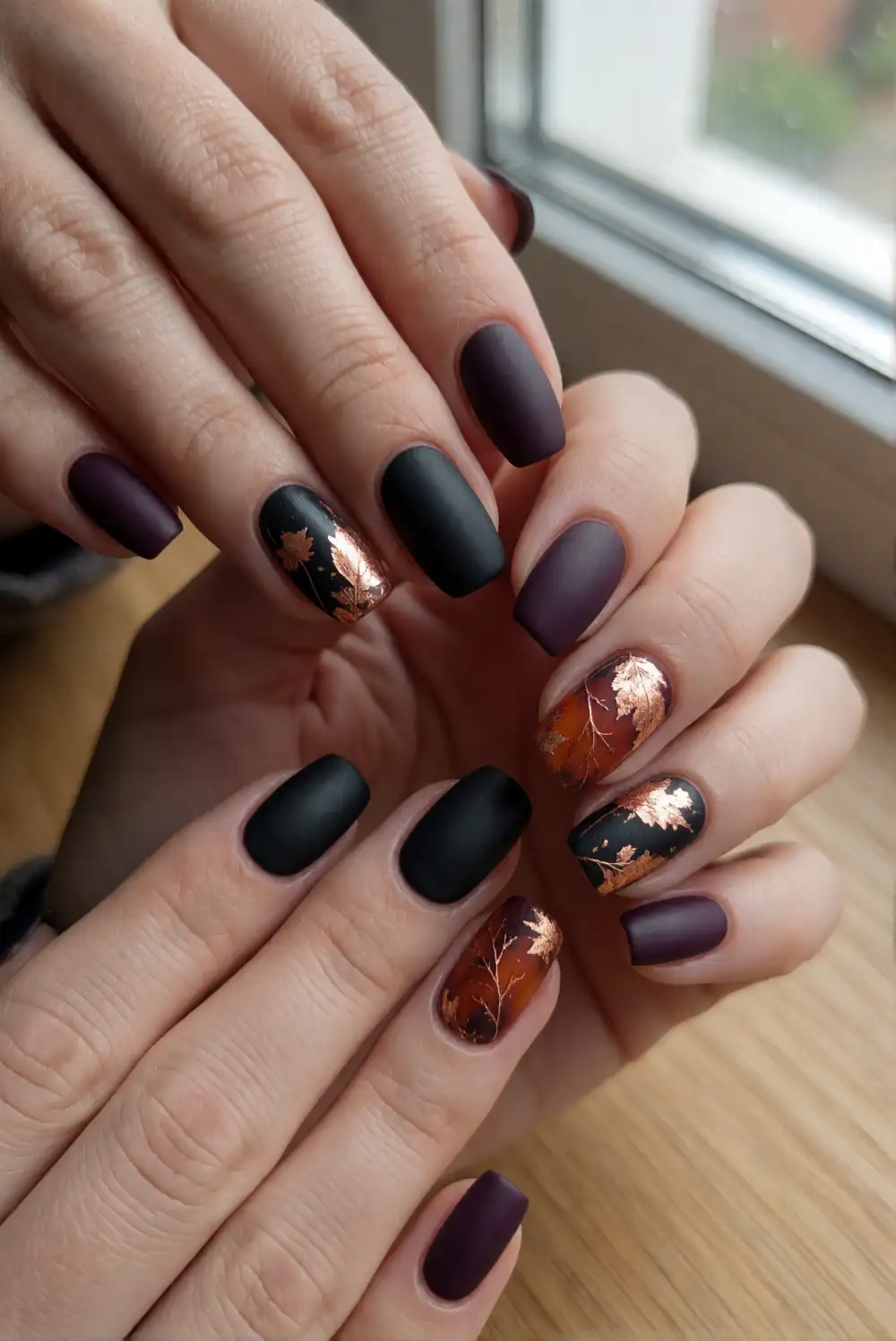 Matte Black Nails with Copper Leaf Accents