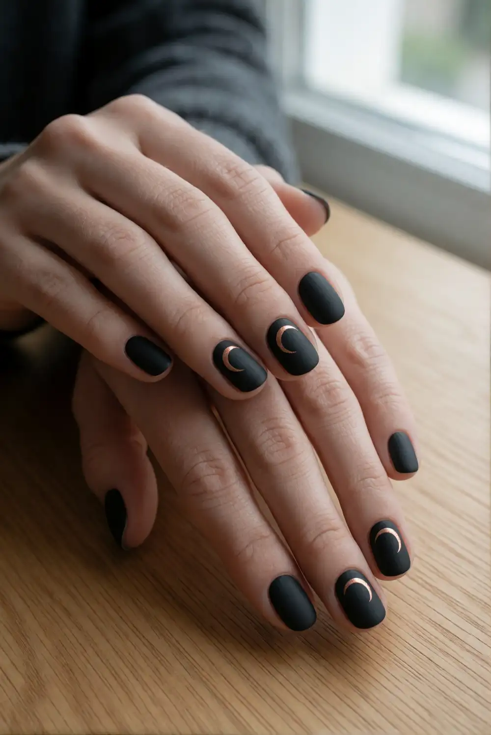 Matte Black Nails with Copper Moon Accents