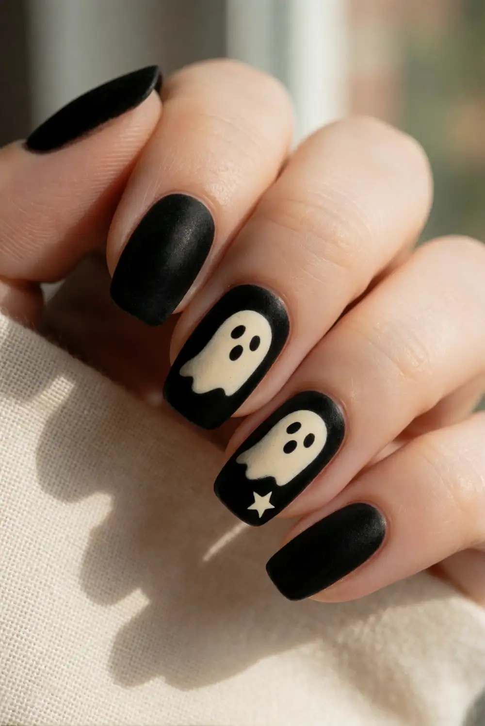 Matte Black Nails with Cream Ghosts