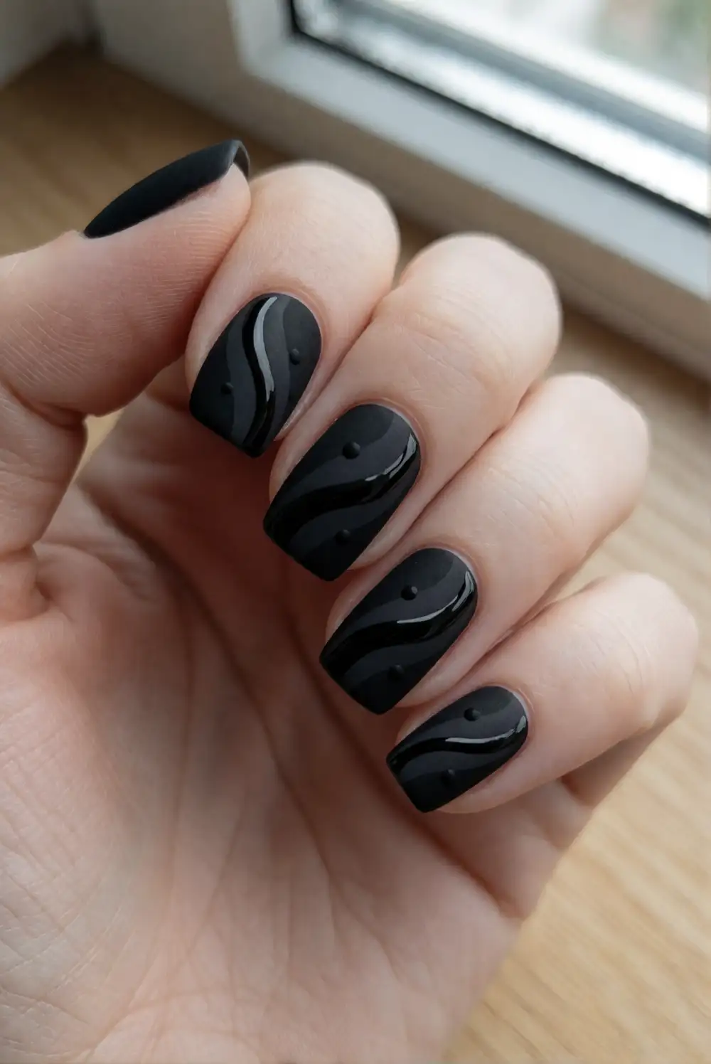 Matte Black Nails with Glossy Details