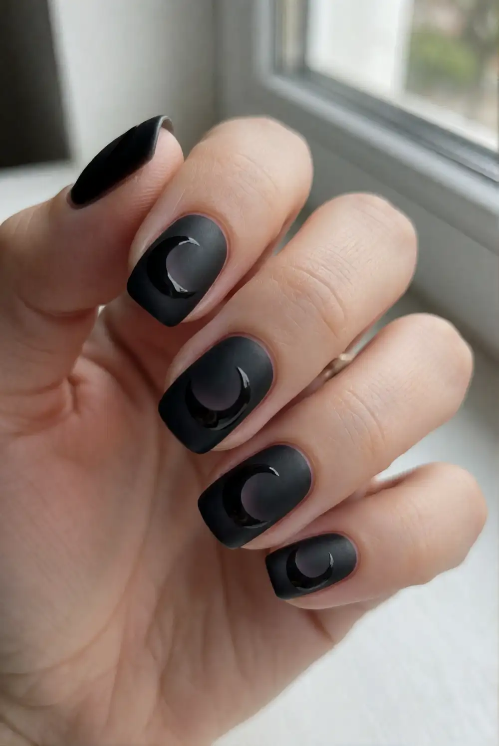 Matte Black Nails With Glossy Moons