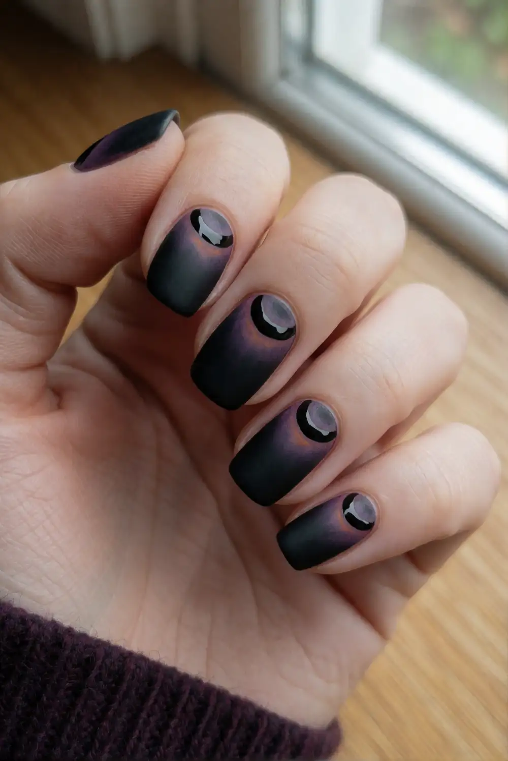 Matte Black Nails with Glossy Moons