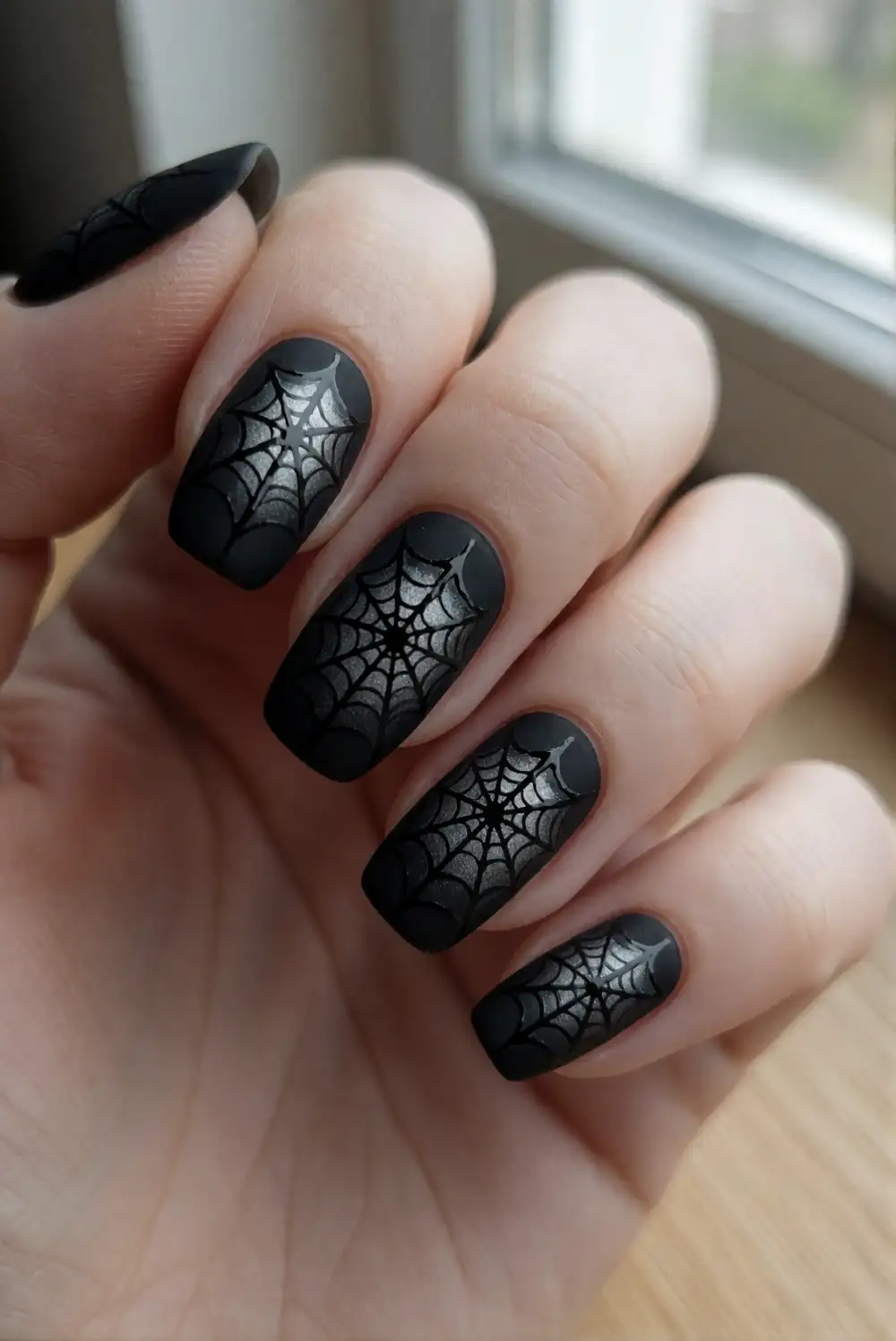 Matte Black Nails With Glossy Webs