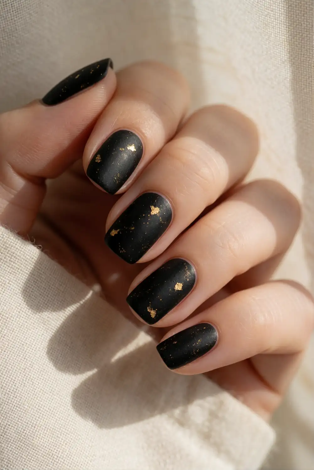 Matte Black Nails with Gold Flecks