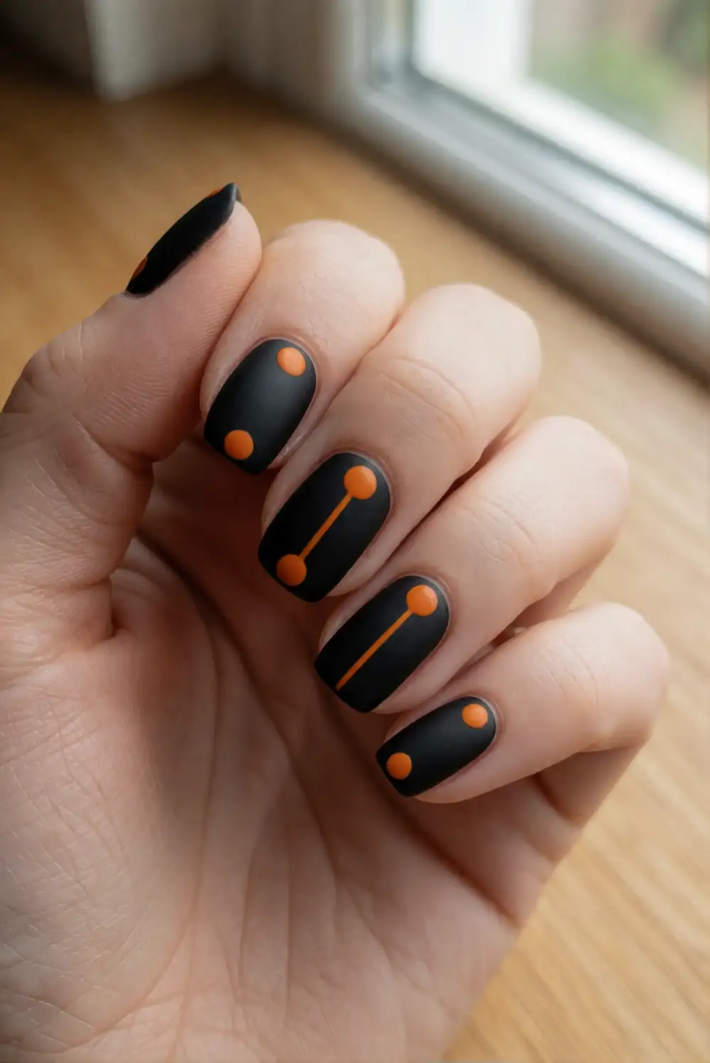 Matte Black Nails With Orange Dots