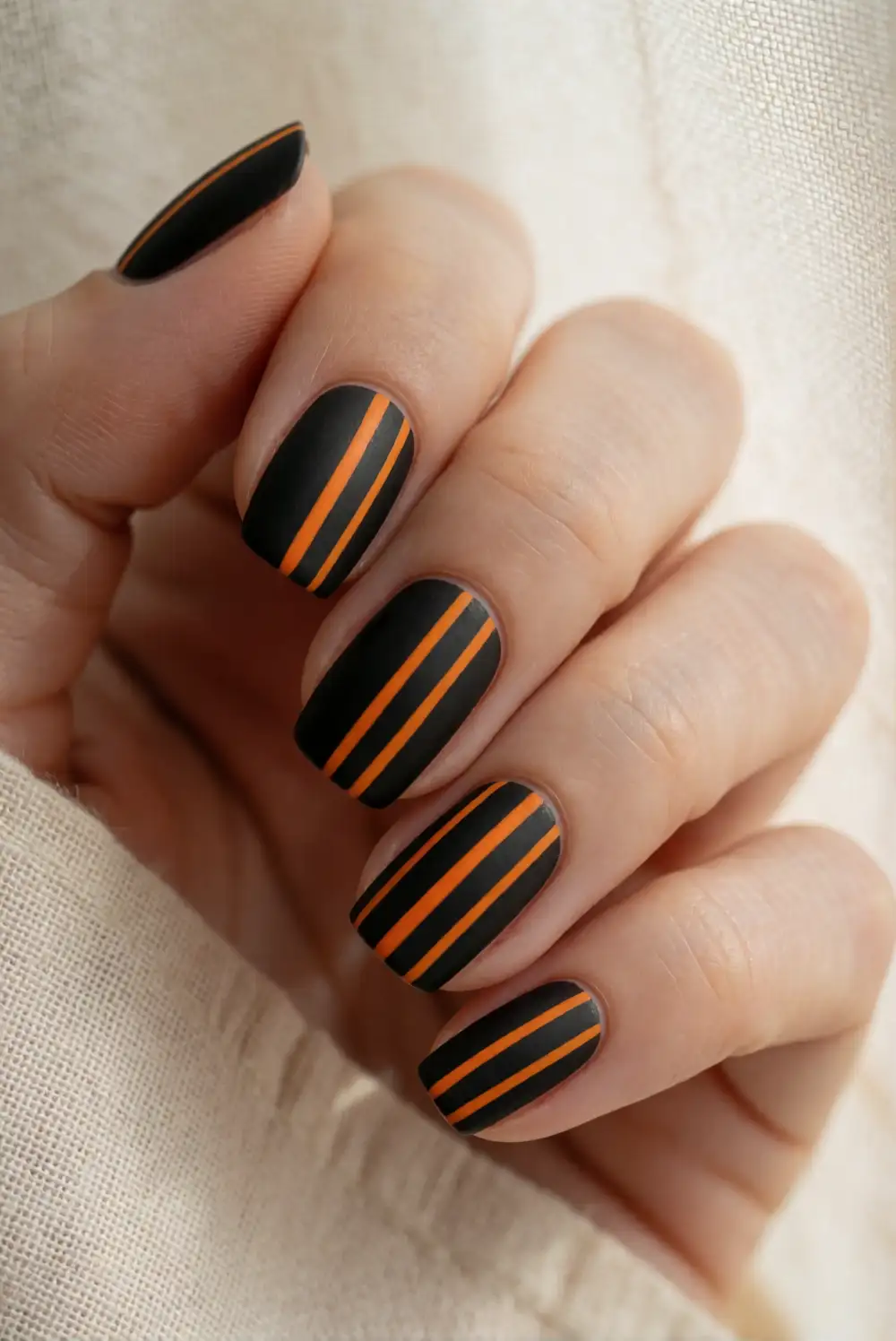 Matte Black Nails with Orange Lines