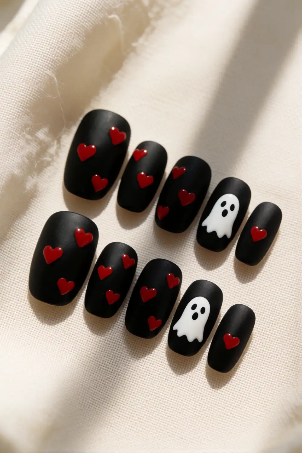 Matte Black Nails With Red Hearts and Ghosts