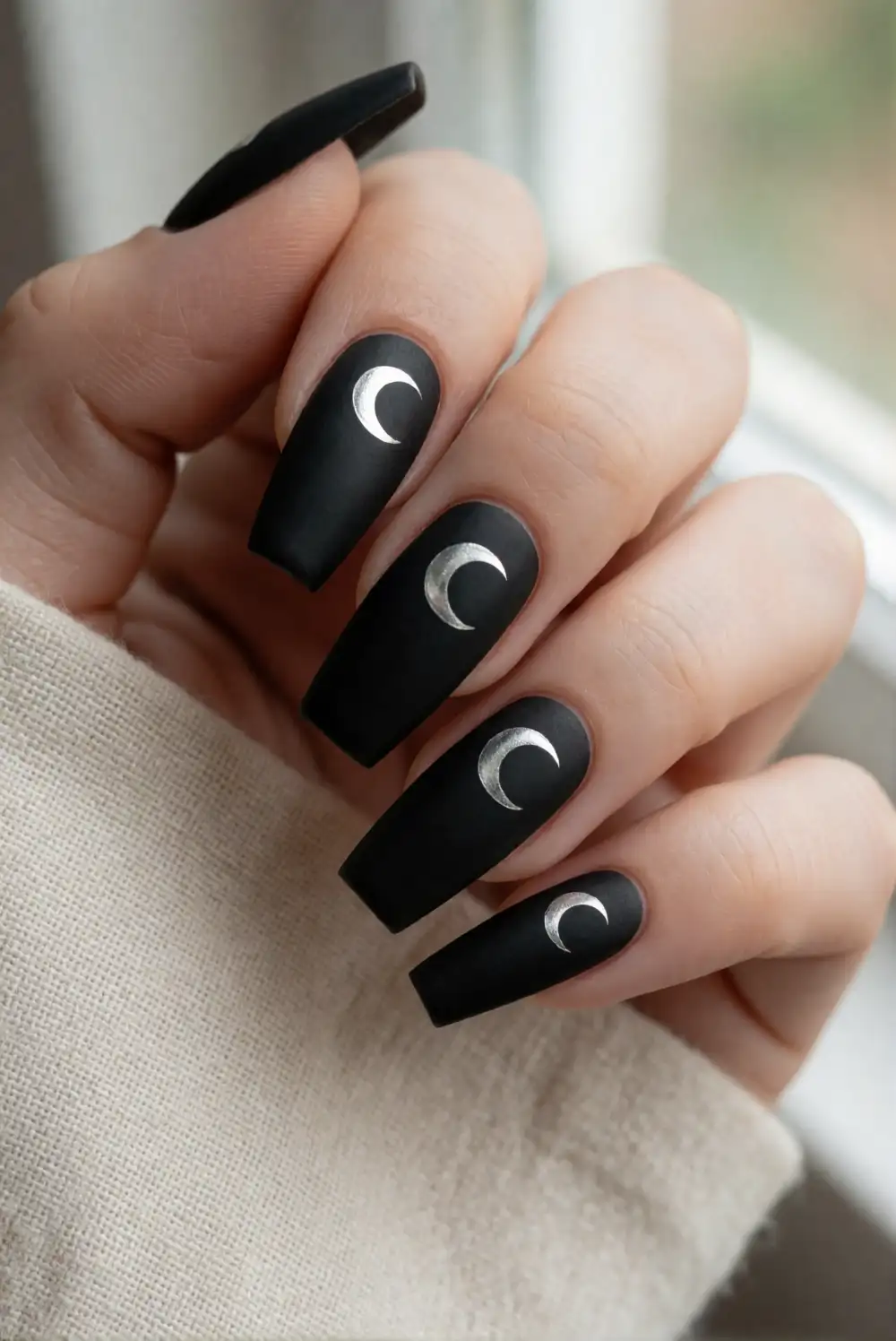 Matte Black Nails with Silver Crescent Moons