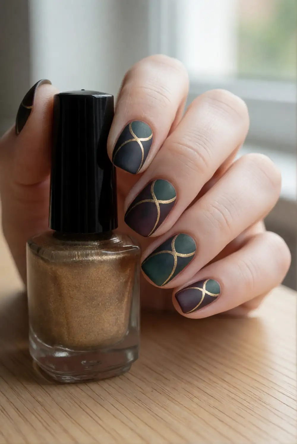 Matte Charcoal Nails with Gold Arcs