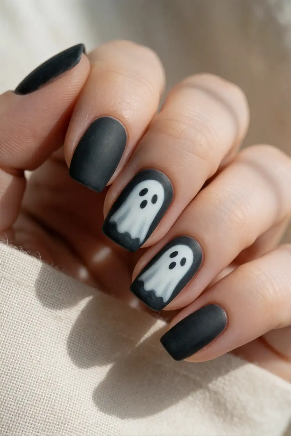 Matte Charcoal Nails with White Ghost Art
