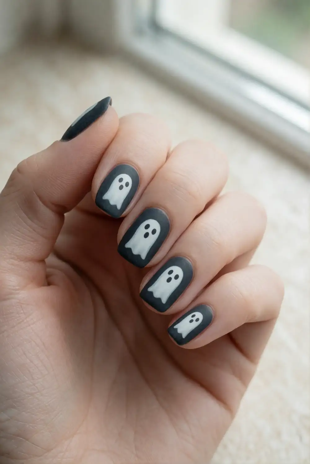 Matte Charcoal Nails with White Ghosts