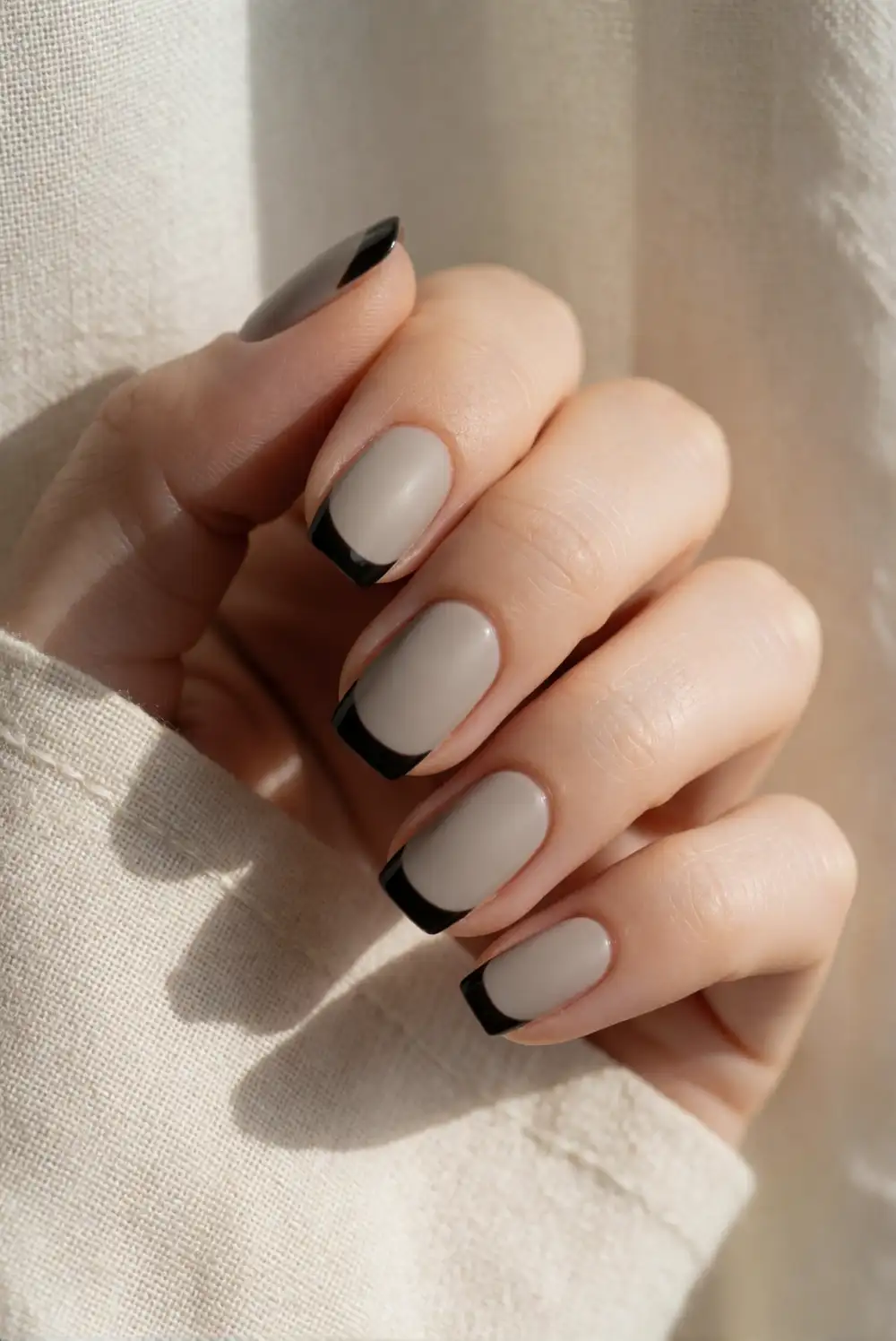Matte Greige Nails With Glossy Black French Tips