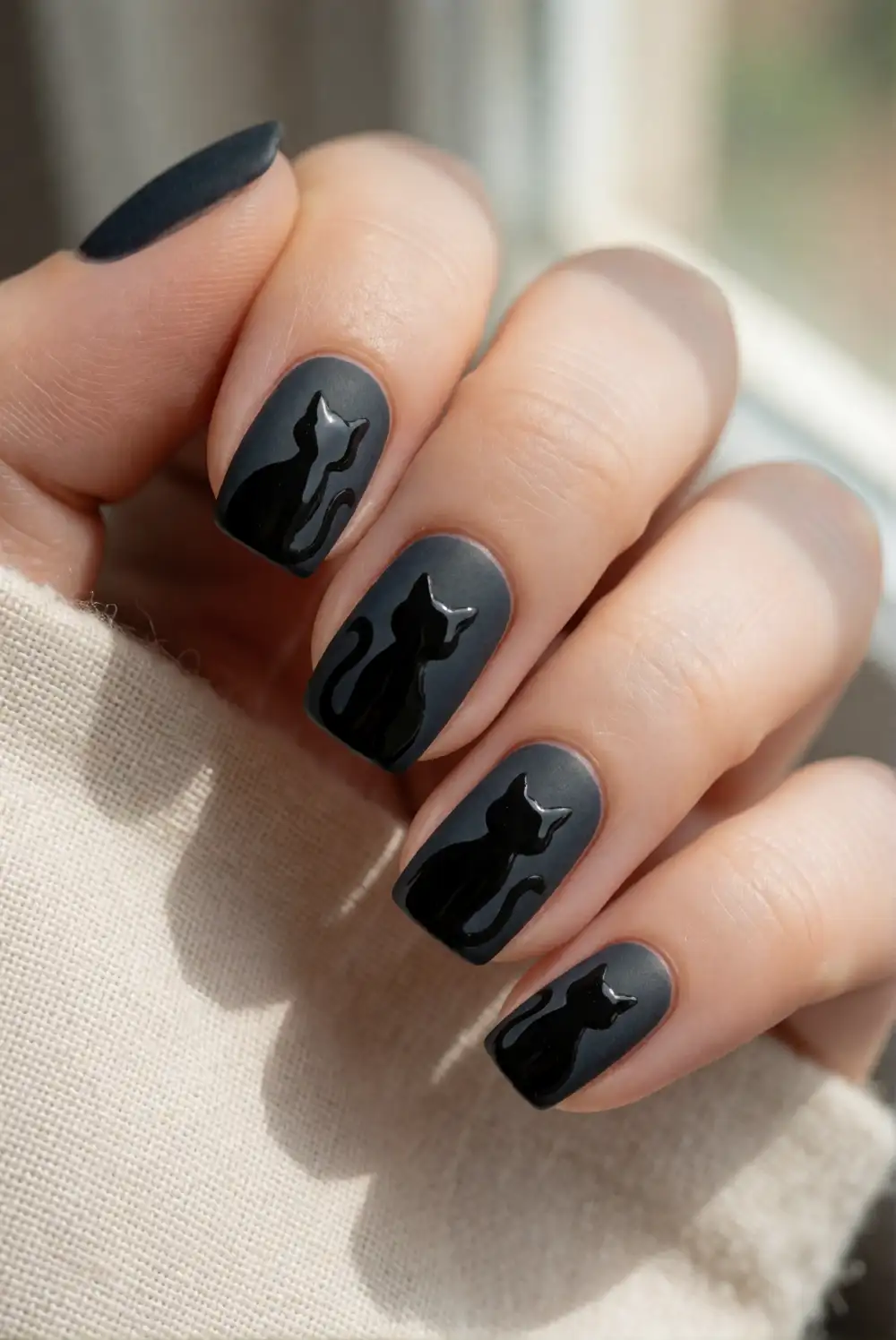 Matte Nails With Glossy Cat Details