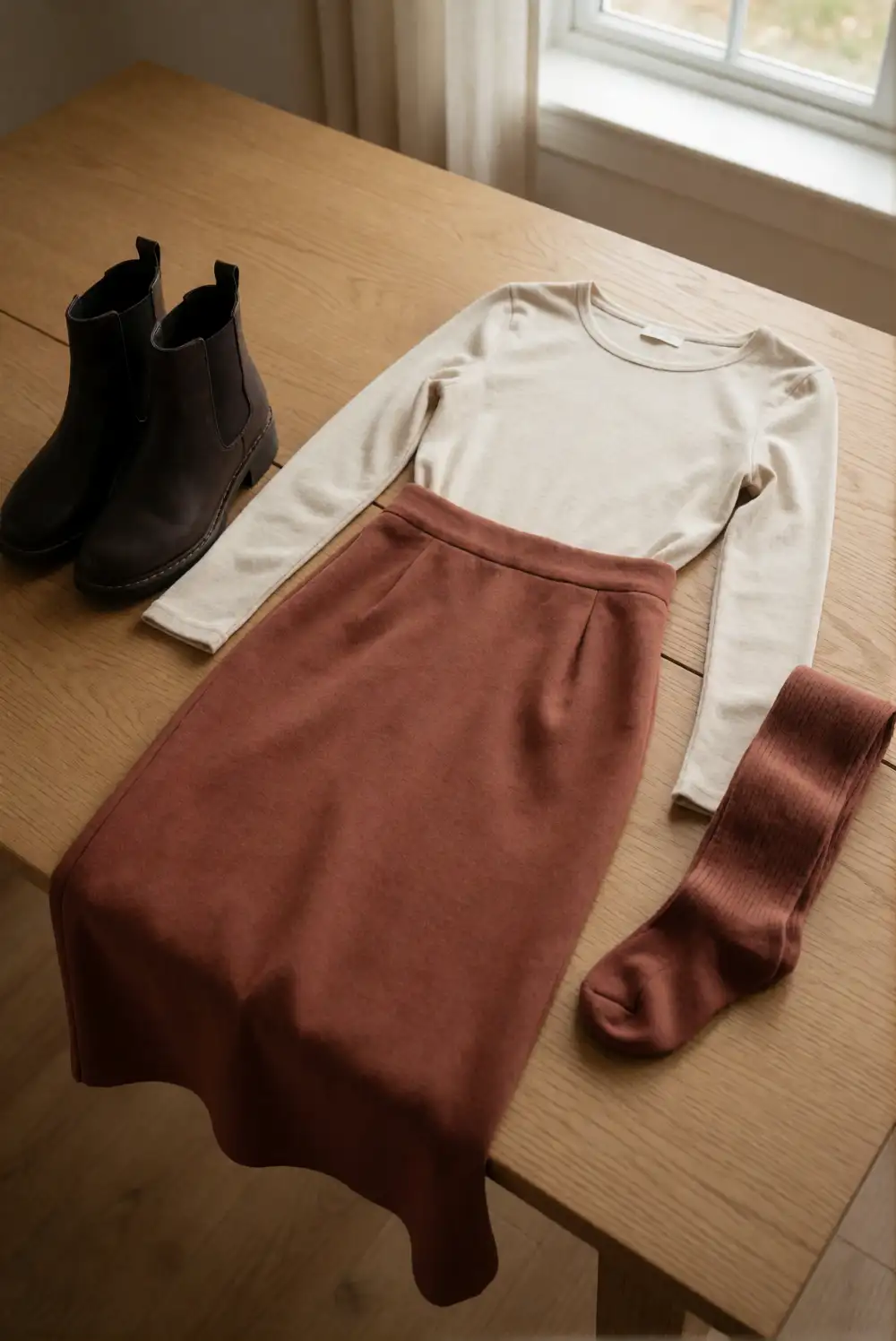 Midi Skirt with a Fitted Long-Sleeve Top