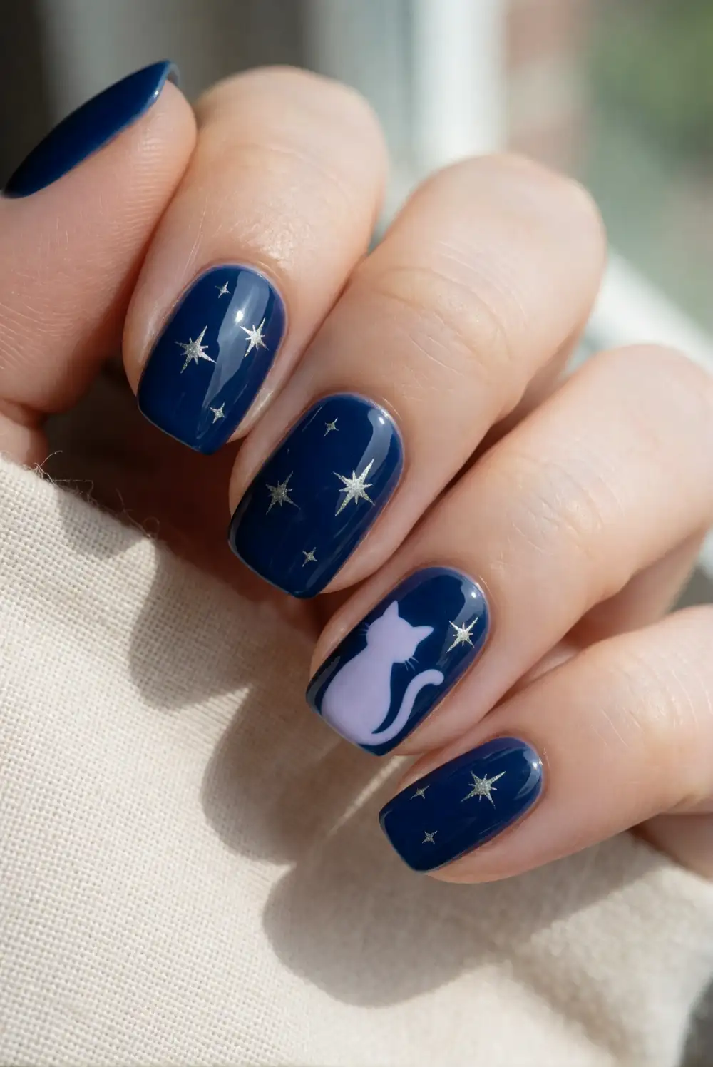 Midnight Blue Starry Cat Nails