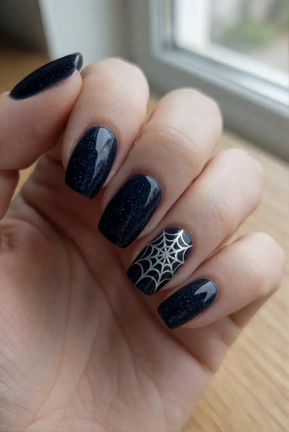Midnight Glitter Nails With Silver Webs