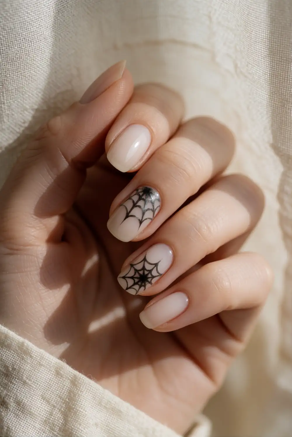 Milky Nude Nails With Fine Black Spiderweb Accents