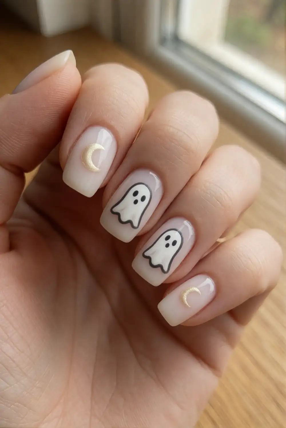 Milky White Ghost And Moon Nails