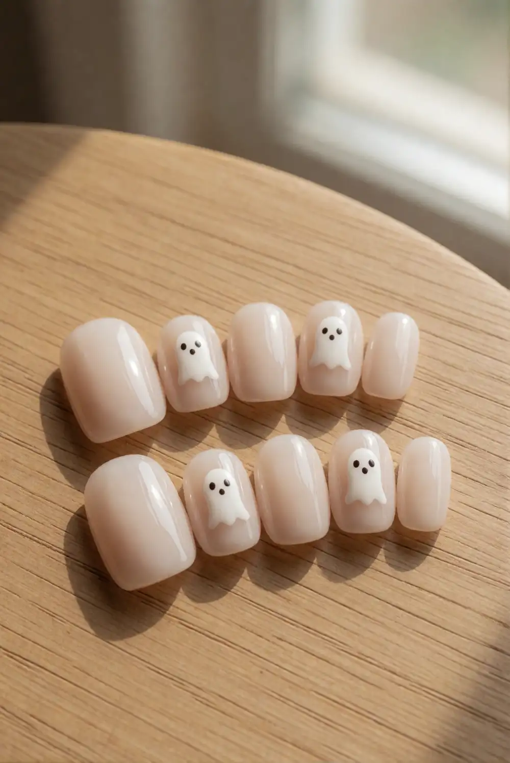 Milky White Nails With Delicate Ghost Silhouettes