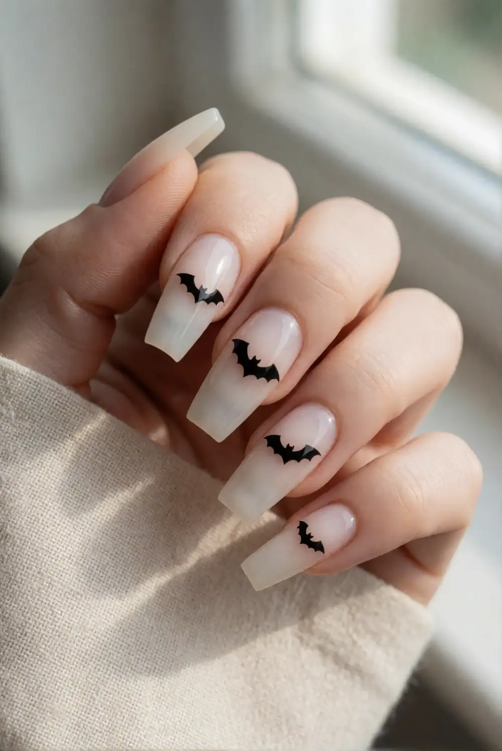 Milky White Nails with Tiny Black Bats