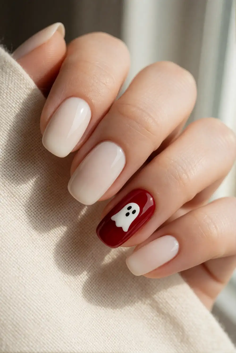 Mini Ghosts on a Cherry Red Accent Nail