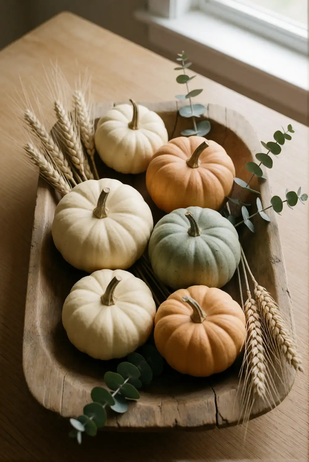 Mini Pumpkins in a Vintage Dough Bowl