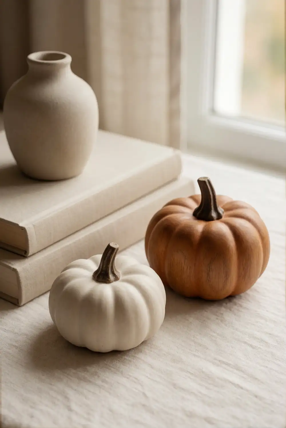 Mini Pumpkins Styled on a Bookshelf
