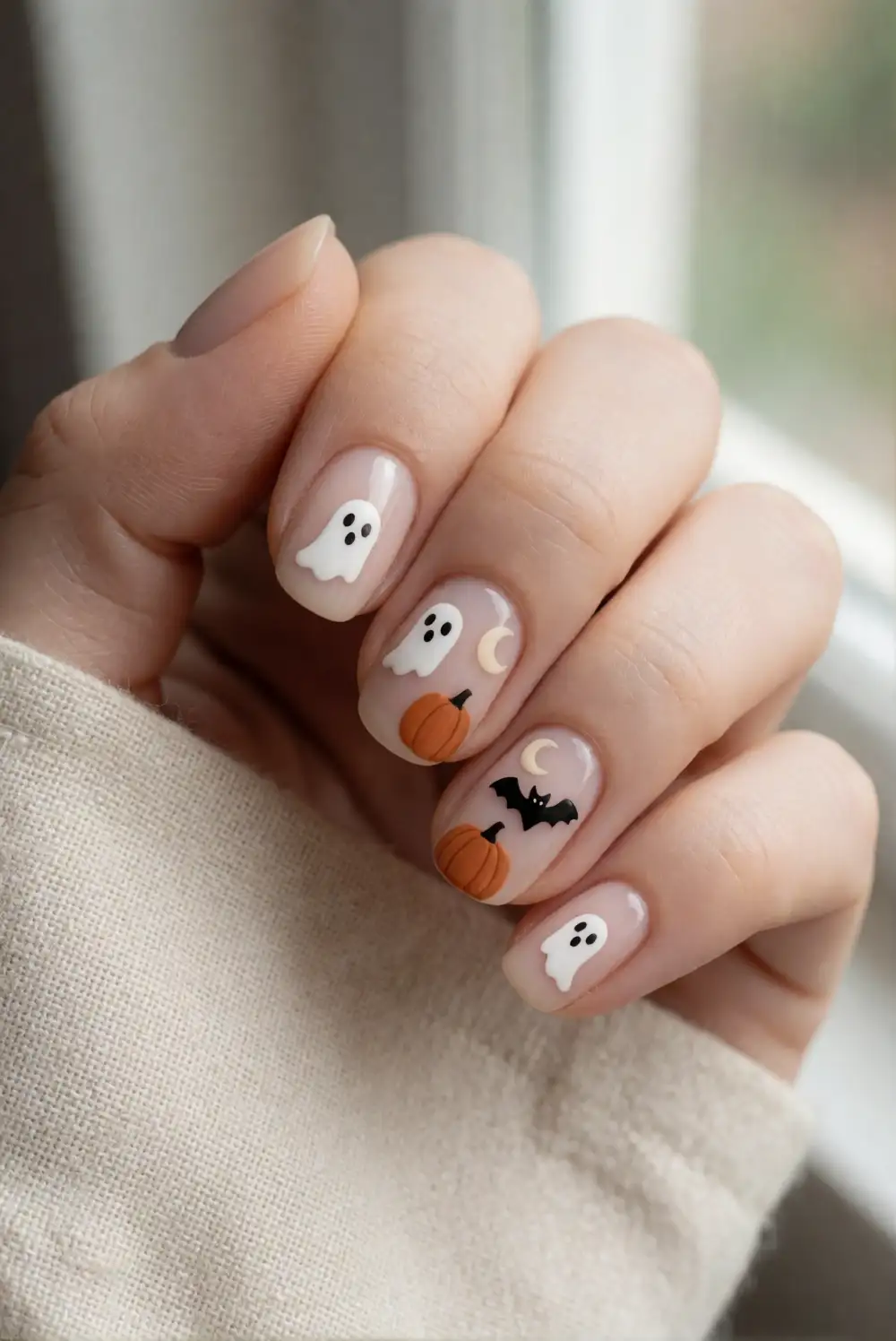Mixed Mini Halloween Motifs on Neutral Nails