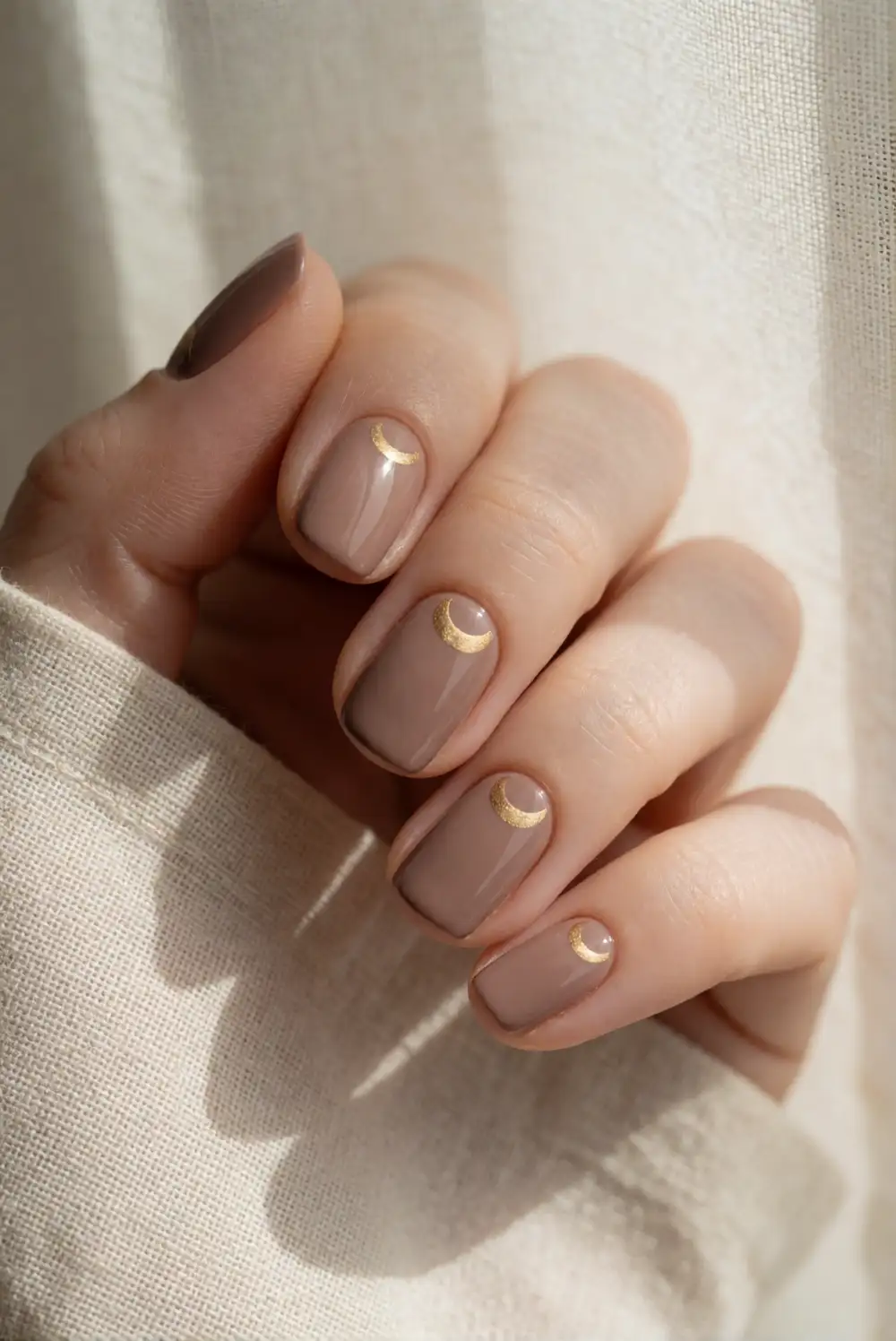 Mocha Nails with Crescent Moon Accents