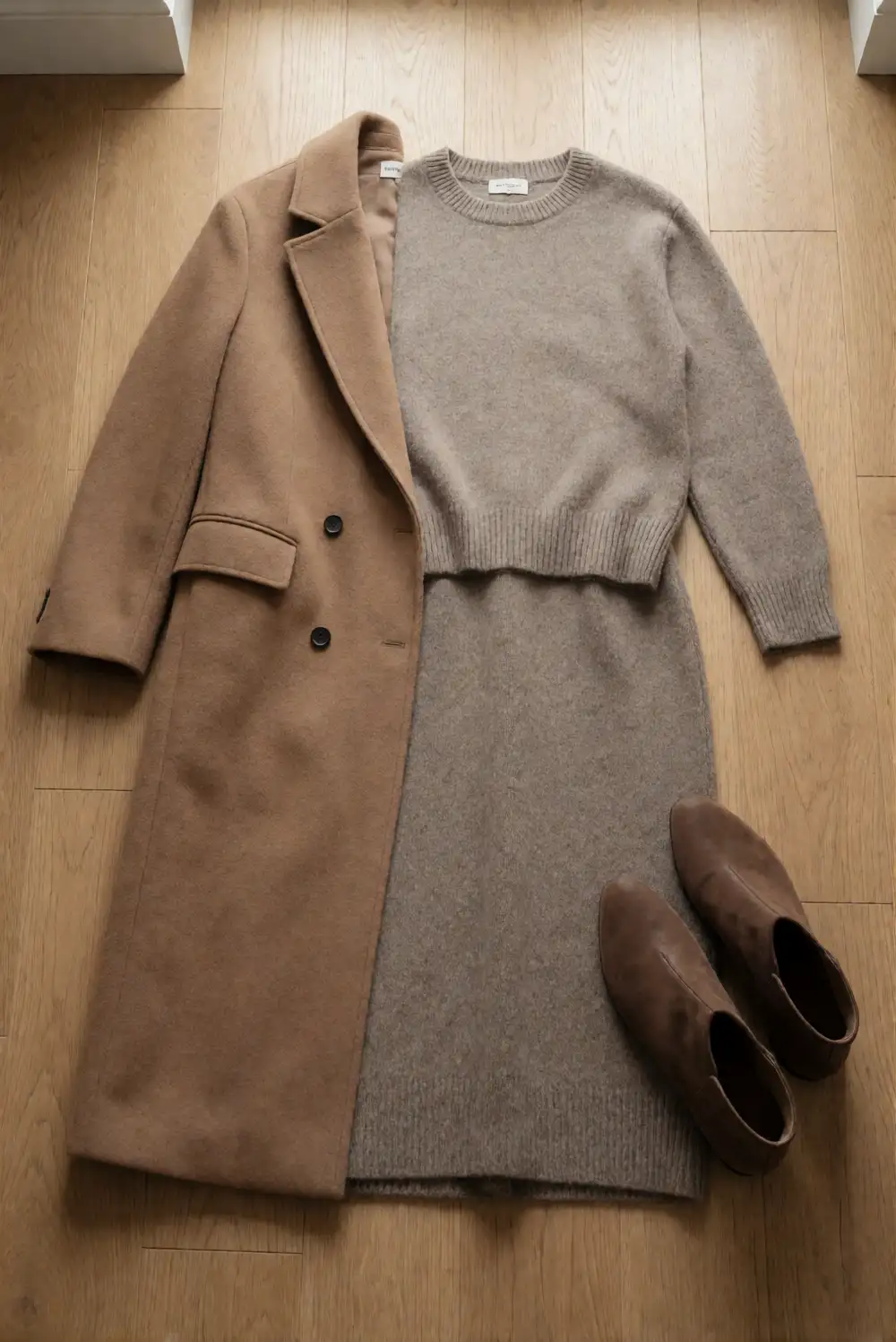 Monochrome Knit Set with a Long Wool Coat