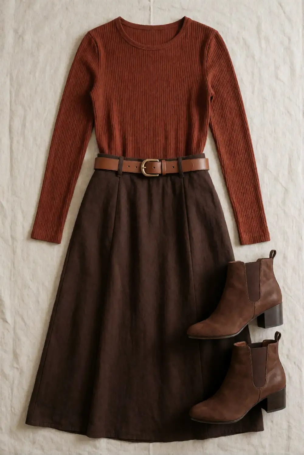Monochrome Rust Top with a Chocolate Midi Skirt