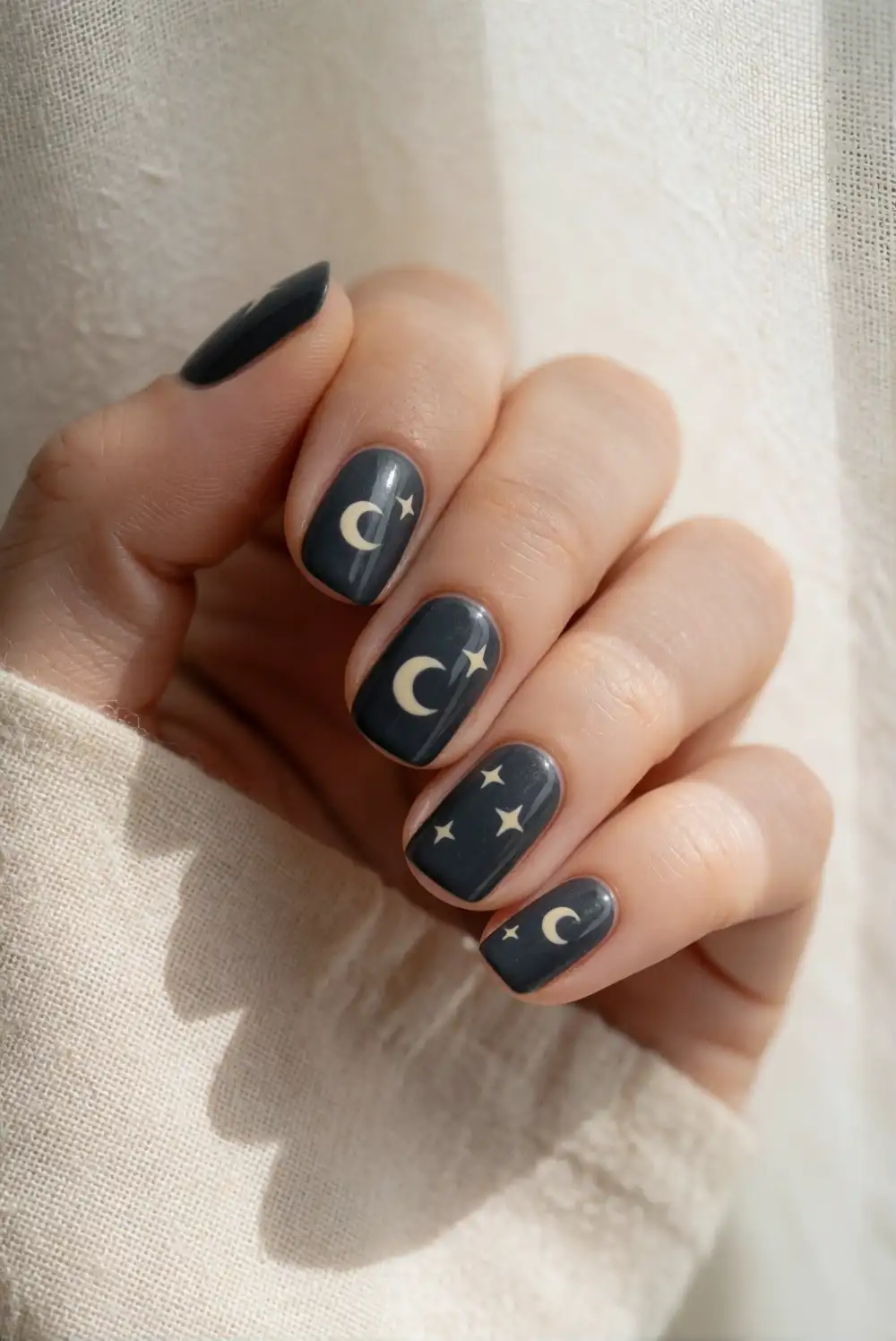 Moon and Star Details on Charcoal Nails