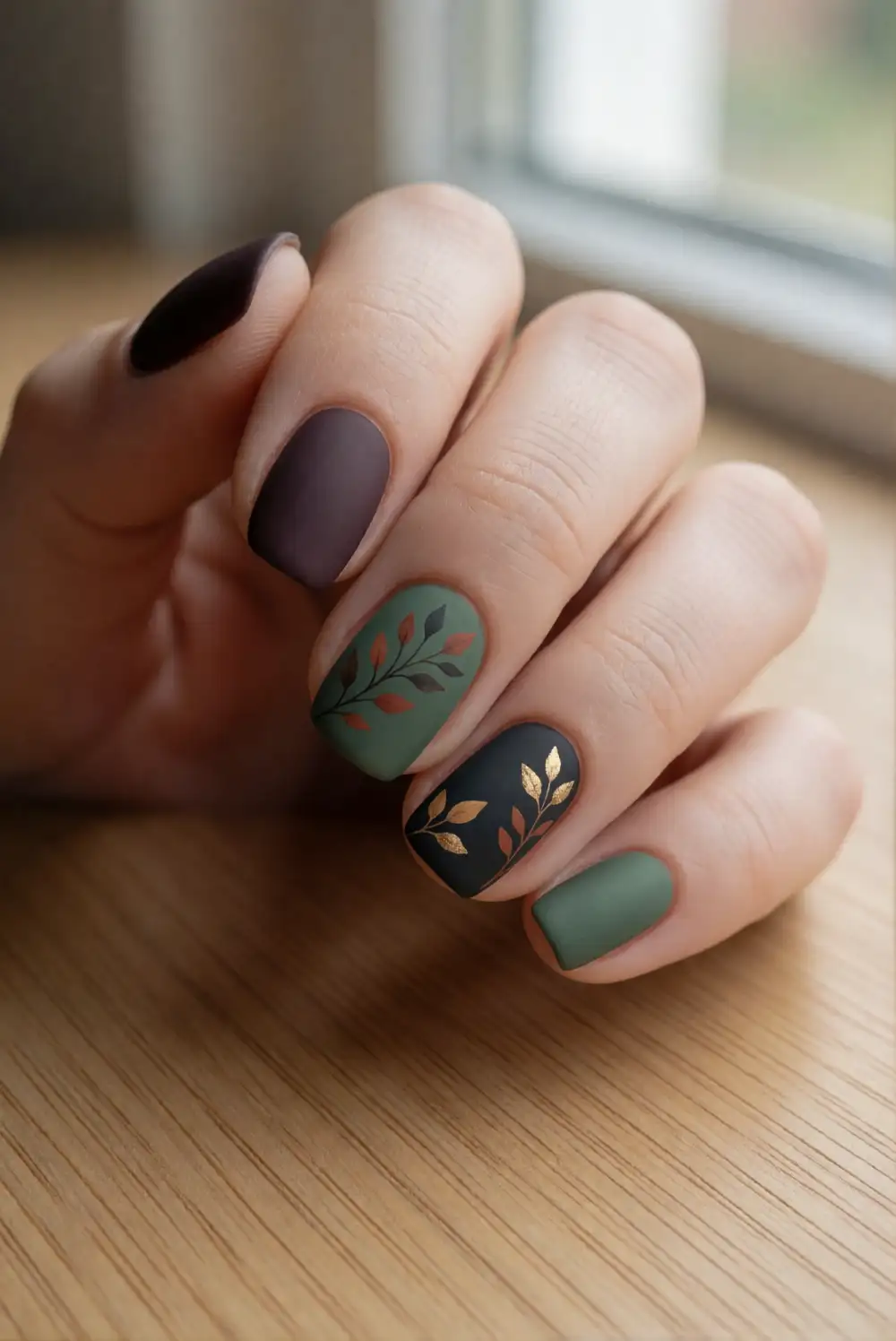 Moss Green Nails with Delicate Botanical Vines