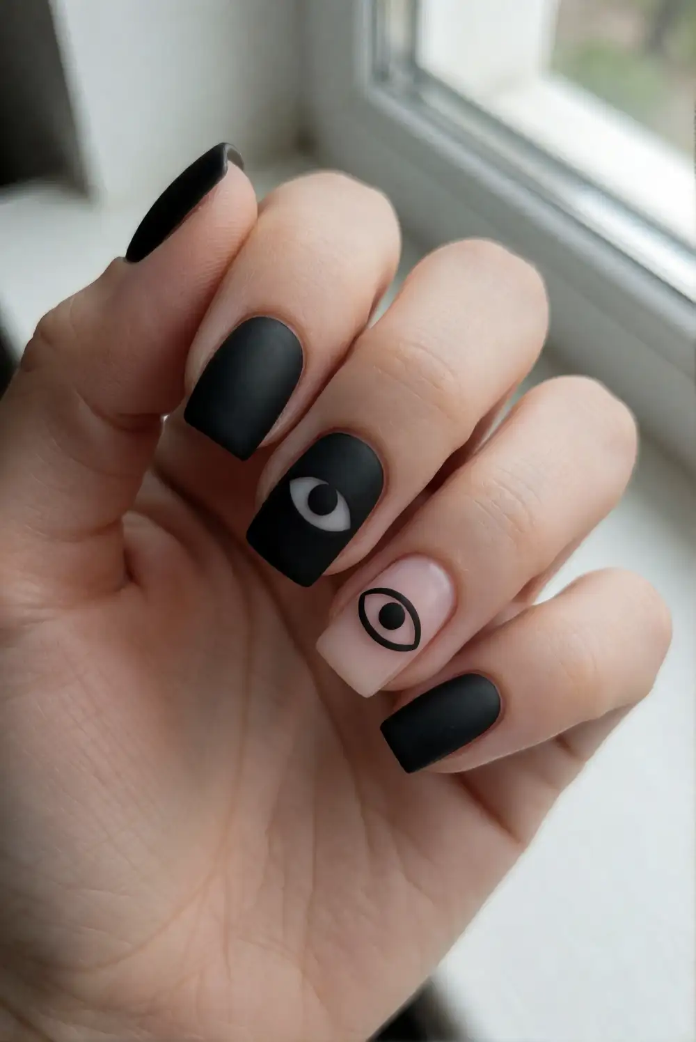 Negative-Space Eyes on Matte Black Nails