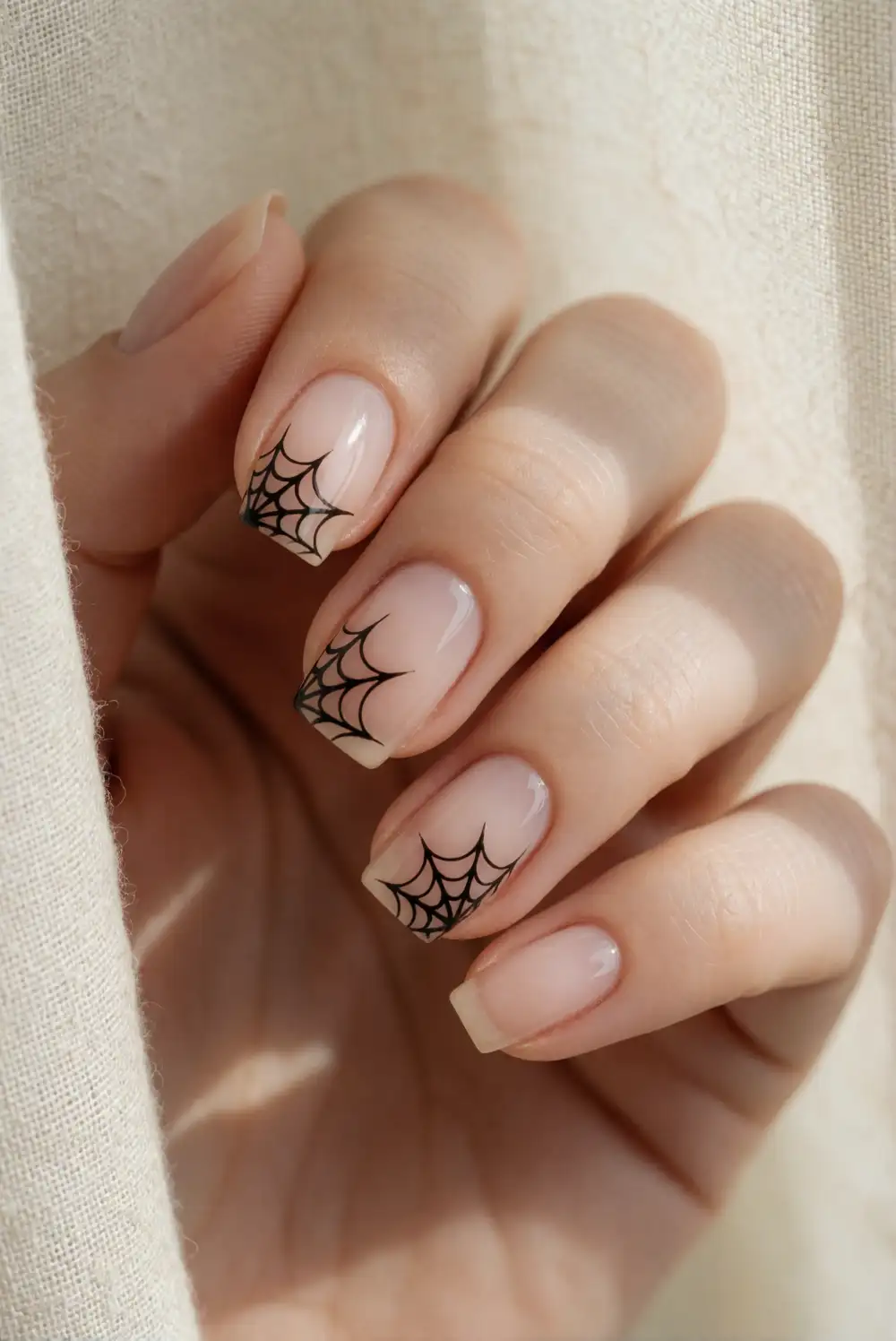 Nude Nails with Black Spiderwebs