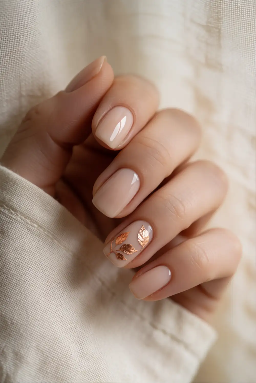 Nude Nails With Copper Foil Leaf Accents