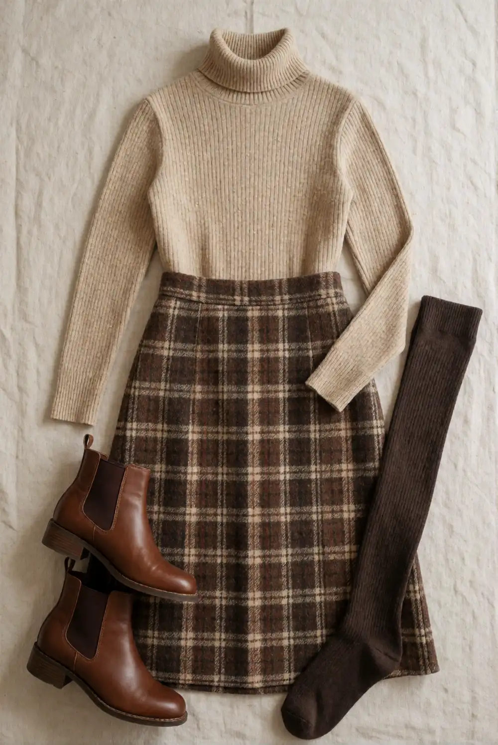 Oatmeal Turtleneck with a Plaid Midi Skirt