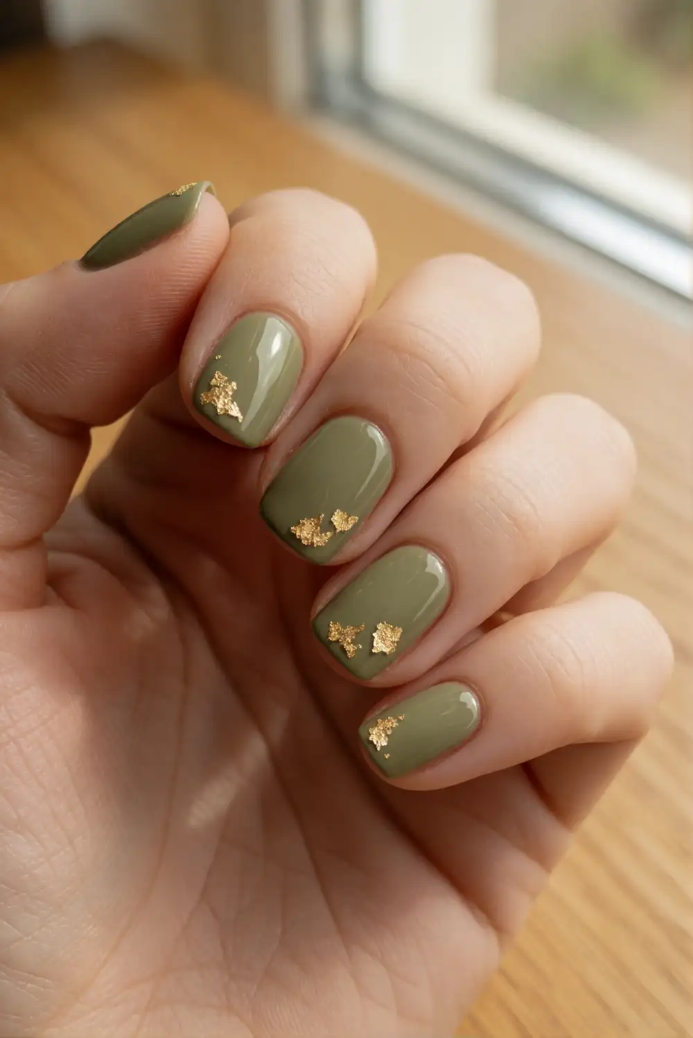 Olive Green and Gold Fleck Nails