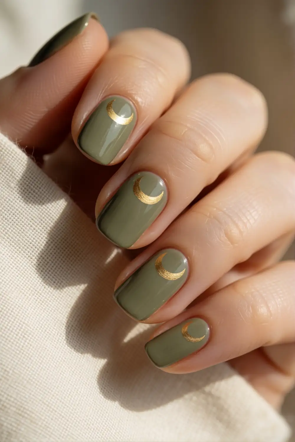Olive Green and Gold Moon Manicure
