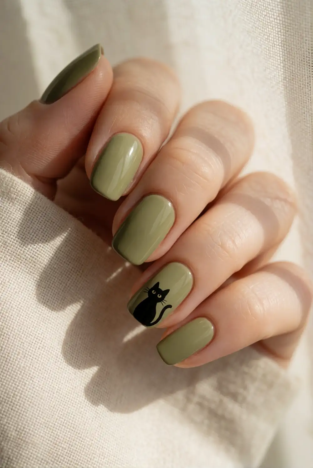 Olive Green Nails with a Black Cat Accent