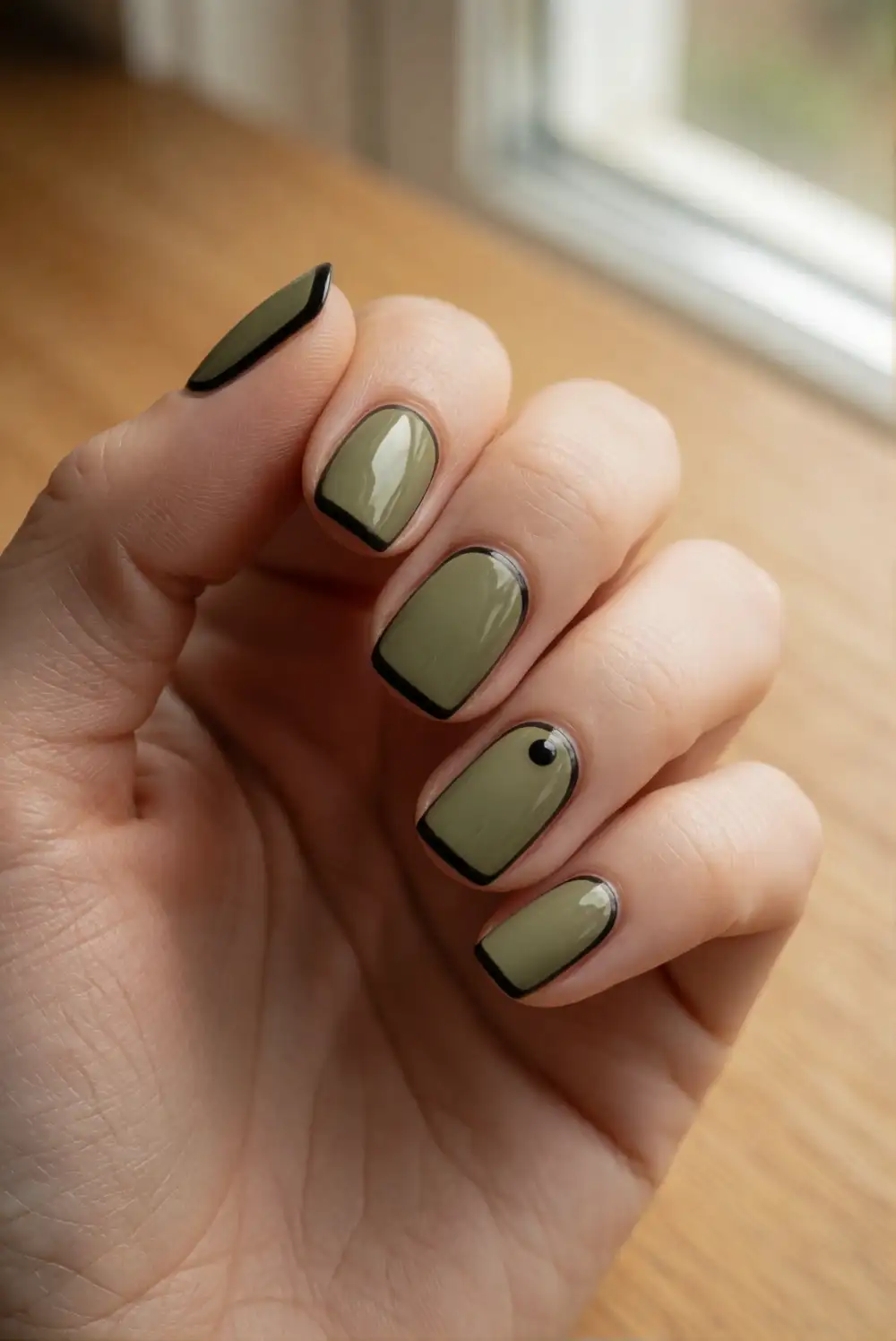Olive Green Nails With Black Lines