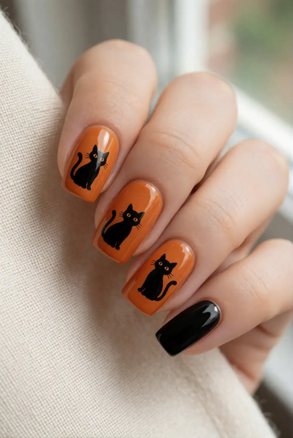 Orange and Black Cat Silhouette Nails