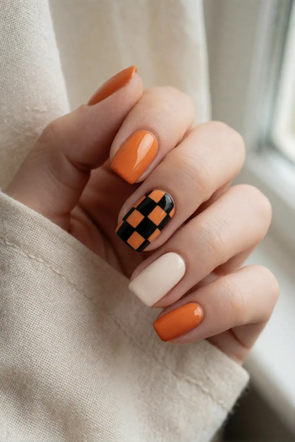 Orange and Black Checkerboard Nails