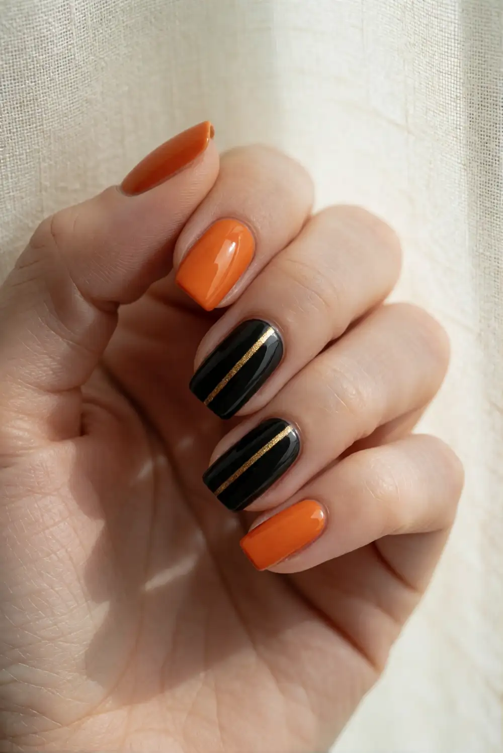 Orange and Black Mismatched Manicure