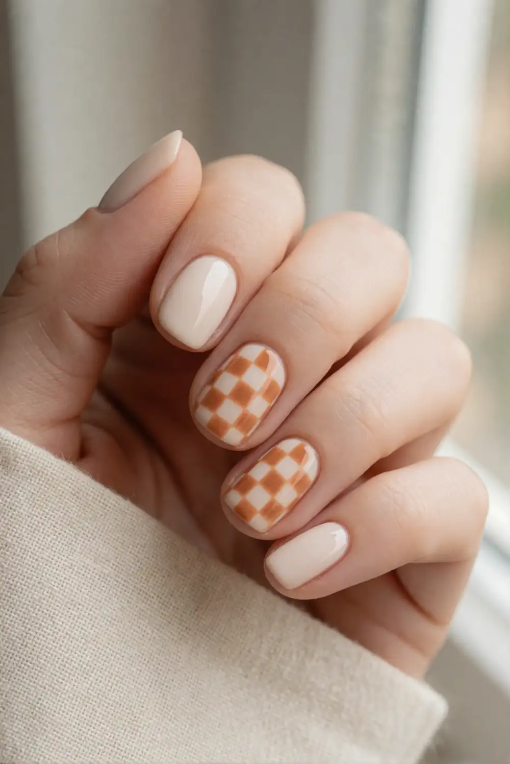 Orange and Cream Checkerboard Nails